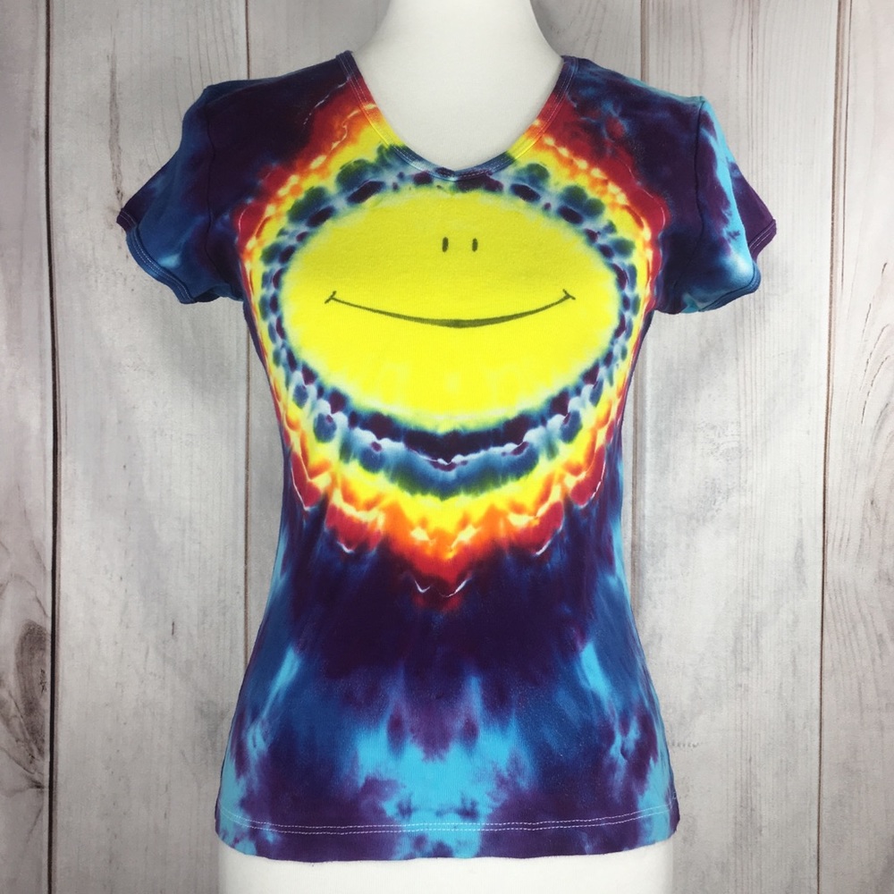 Tie Dye Happy Face Womens Shirt Sz Medium Blue
